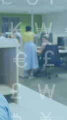Poster - Animation of data processing and currency signs over african american businessman working in office