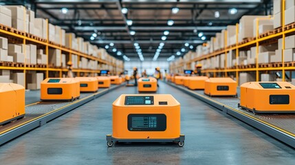 Aufkleber - A logistics hub with AI-controlled robots sorting packages on conveyor belts
