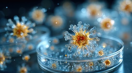 Poster - A close-up view reveals multiple viral particles in a petri dish, shimmering with translucent textures and vibrant colors, showcasing their unique forms in a scientific setting.