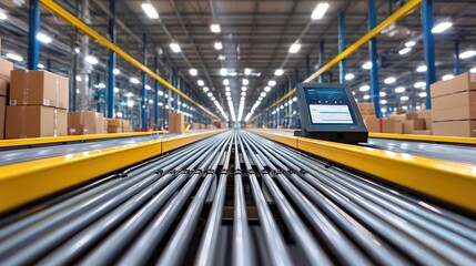 Aufkleber - A logistics hub with AI-controlled robots sorting packages on conveyor belts, overhead lights creating clear contrast and movement blur