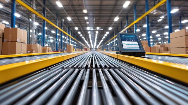 A logistics hub with AI-controlled robots sorting packages on conveyor belts, overhead lights creating clear contrast and movement blur