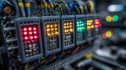 Poster - Brightly lit LED indicators in varying colors signal activity on control panels within a modern data center, showcasing essential operations during peak hours of technology use.