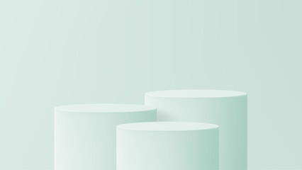 Poster - Three empty cylinder product podiums in light green. Product display stage for cosmetic presentation. Modern minimalist showcase for marketing.