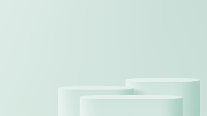 Poster - Three light green display pedestals on pale green backdrop for product presentation and advertising. Minimalist empty stage layout design.