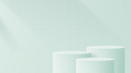 Poster - Minimalist product display scene with three light green cylinder pedestals. 3d rendering for showcase, advertising, and marketing.