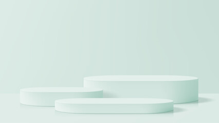 Poster - Three empty light green product podiums. Minimalist background for cosmetic presentation. Modern clean design for branding.