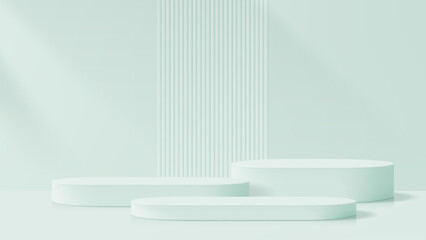 Poster - Three light green display podiums on reflective surface with ribbed background column. Product presentation stage for promotion.