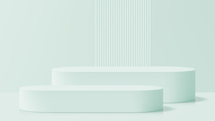 Poster - Pair of light green, oval podiums on a stage for product display. Minimalist 3D render with clean design for presentation.