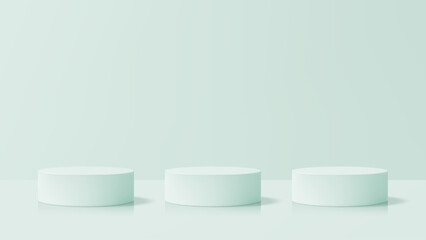 Poster - Three light green cylindrical product podiums in a simple studio. Empty stage for product presentation, cosmetic display, or showcase.