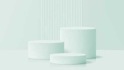 Poster - Three green cylindrical product display podiums with a ribbed wall in the background. Modern cosmetic or showcase pedestal for product presentation.