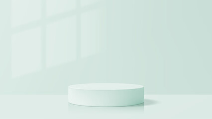 Poster - Product podium mockup vector. A round cylinder display in a light green room with window shadow. Scene abstract production for product presentation.
