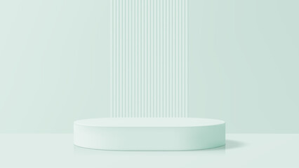 Poster - Empty green product podium display with ribbed wall. Modern 3d vector render studio background for cosmetic or fashion presentation.