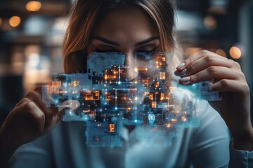 Aufkleber - Woman examining holographic interface displaying data and connections with illuminated dots, lines, and icons in an office