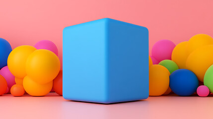 Aufkleber - Colorful geometric composition with a blue cube and various colored spheres in a minimalist setting against a pink background.