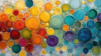 Poster - An array of colorful circles in different sizes fills the artwork, blending hues of orange, blue, purple, and yellow, creating a lively and abstract visual experience.