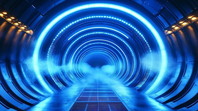 Futuristic Tunnel with Blue Lights and Mist, Sci-Fi Style Video Background, High-Resolution Digital Art

