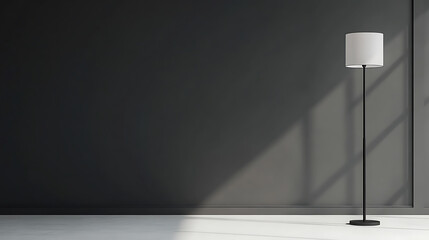 Aufkleber - Minimalist Interior with Floor Lamp: A simple room featuring a sleek floor lamp against a dark wall, illuminated by natural light, creating a serene atmosphere.