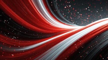 Fototapete - Vivid red, white, and black lines swirl gracefully in a dark environment, creating an energetic abstract flow filled with specks of light. The design evokes movement and depth.