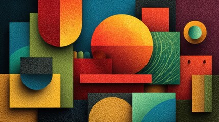 Poster - Bold geometric shapes and vivid colors create an energetic abstract composition. The artwork features layered textures, round and rectangular forms enhancing visual depth and interest.