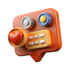 Poster - 3d orange speech bubble icon with red heart and buttons isolated on a transparent background