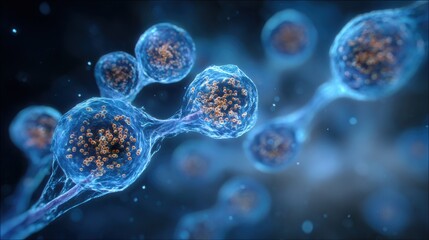 Poster - Brightly illuminated cells demonstrate complex structures filled with particles. This detailed observation highlights cellular activity in a laboratory environment, emphasizing biological processes.
