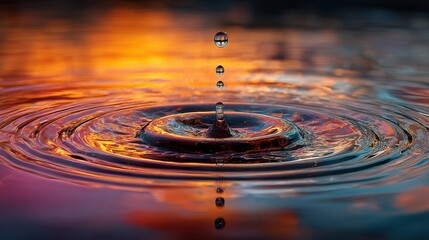 Poster - A droplet falls into the tranquil water, creating captivating ripples. The vibrant colors of sunset reflect on the lake's surface, enhancing the serene atmosphere.