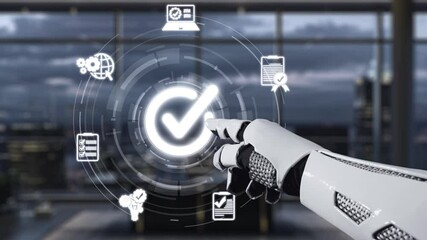 Poster - A robotic hand points towards a digital interface filled with various icons, representing advancements in technology and automation in a sleek office environment. Auvana
