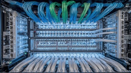 Poster - High-tech server rack filled with illuminated cables in various colors. Cables are neatly organized, showcasing a modern network setup used in data centers or IT facilities.