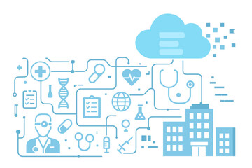 Fototapete - Medicine's big data is represented by digital health and a hospital's blue background, complete with medical icons and information technology