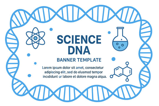 A template for a flat banner featuring vector science dna is available, with a blue atom spiral frame surrounding a text holder on a white background, suitable for web, presentation, banner, and