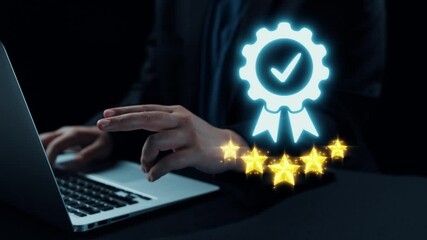 Poster - A business professional engages with a laptop in a modern workspace, surrounded by visual representations of digital security, information protection, and technology. Qubit
