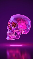Poster - glowing transparent glass  purple skull with metallic reflections creating a futuristic ambiance, suspended in mid-air against a dark background for creative design uses
