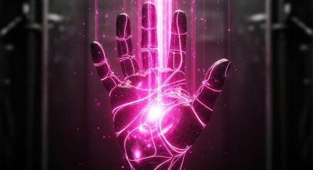 Poster - Robotic hand with glowing pink lines and particles emitting light, symbolizing artificial intelligence data processing.