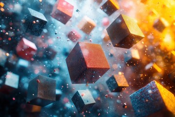 Fototapete - Abstract colorful cityscape of geometric shapes and floating spheres creating a surreal architectural space