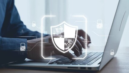 Poster - Business professional interacting with digital security icon on laptop, emphasizing the importance of data protection and cyber safety in today tech-driven work environment. Qubit