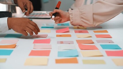 Poster - Engaging office environment showcases a diverse team utilizing colorful sticky notes for brainstorming and project planning, fostering creativity and collaboration in modern business. SACTR