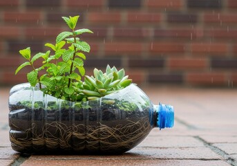Poster - clear plastic bottle repurposed as planter for small plants, sitting on brick ground during rain. Plastic Bottle Planter with Green Succulent Eco Idea