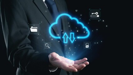 Poster - A businessman showcases cloud computing technology, highlighting data transfer and security icons against a sleek dark background, emphasizing digital innovation and connectivity. Qubit