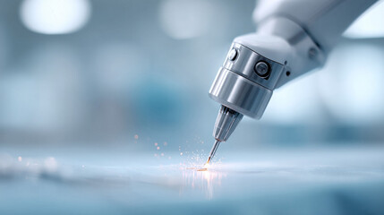 Poster - Precision process. A robotic arm performs a delicate task with sparks flying. Symbol of advanced technology and automation in manufacturing. Ideal for tech, industrial concepts.