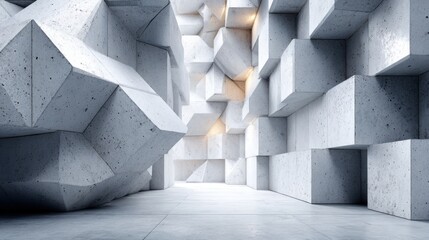 Poster - A large room with many white cubes and a large white object in the middle. The room is empty and has a very modern and minimalist feel to it