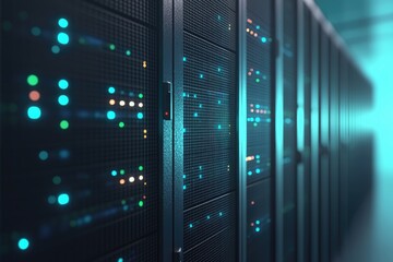 Poster - 3D rendering of a data center server rack with glowing indicator lights in a modern network environment, ideal for technology, cloud computing, and cybersecurity visuals