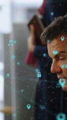 Poster - Animation of icons connected with lines over caucasian man scrolling on smartphone in office
