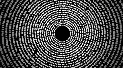 Fototapete - A black and white photo of a circle with a hole in the middle. The circle is made up of many small squares, giving it a very abstract and geometric appearance. The photo has a minimalist