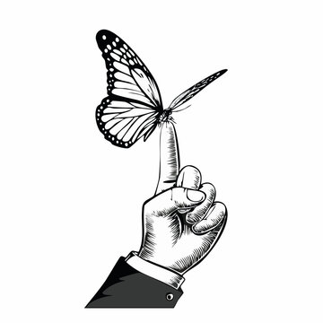 Butterfly landing persons finger image vector isolated on white background.