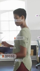 Poster - Animation of notification bars over african american woman analyzing reports while walking in office