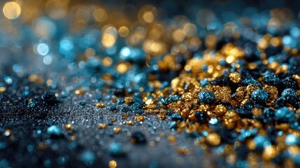 Poster - A pile of gold and blue glitter on a table. The glitter is scattered and the colors are bright and shiny