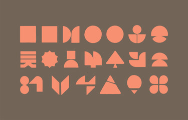 Poster - A collection of abstract geometric shapes in coral orange arranged in a grid pattern against a muted brown background creating a modern and minimalist design