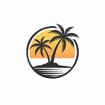 Island Logo Design with Coconut Trees and Sunset vector image isolated on white background.