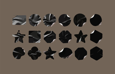 Poster - Collection of diverse geometric shapes including circles squares stars and octagons with a marbled black and grey texture and peeling sticker effect on a muted brown background