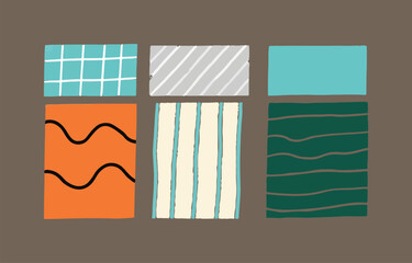 Poster - A collection of six abstract geometric patterns in a grid layout featuring stripes waves and squares in a muted color palette with a brown background